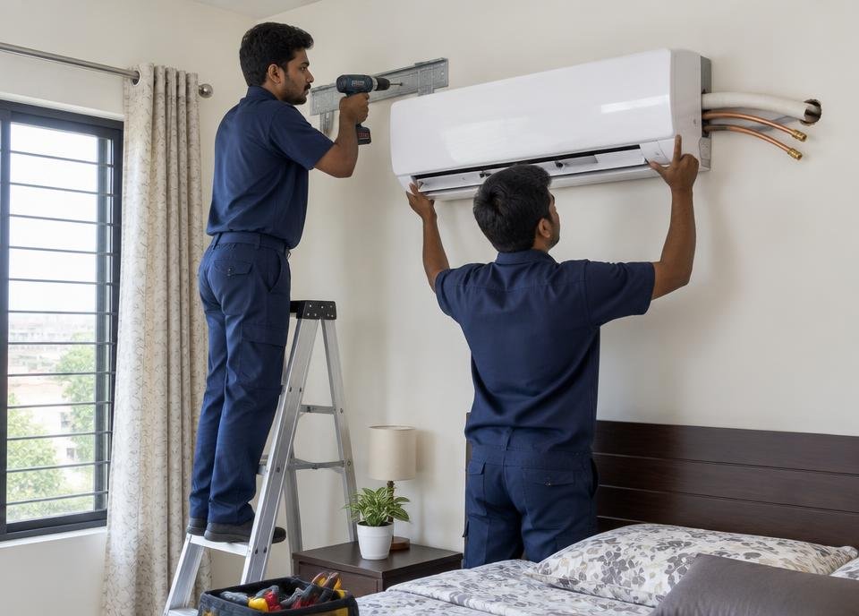 Two technicians installing a split AC indoor unit on a bedroom wall