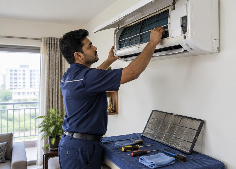 Technician servicing a split air conditioner indoor unit