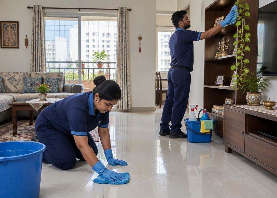 Home deep cleaning professionals cleaning floors and shelves in an Indian apartment