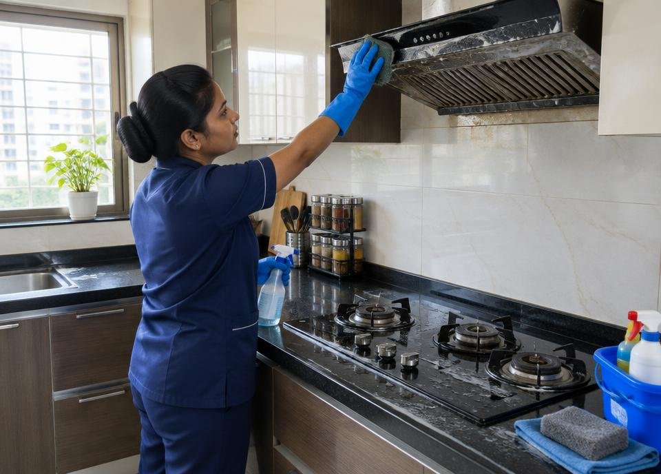 Professional cleaning a kitchen chimney and gas stove platform