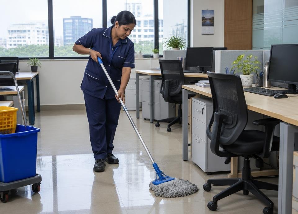Professional mopping the floor of an Indian office between workstations