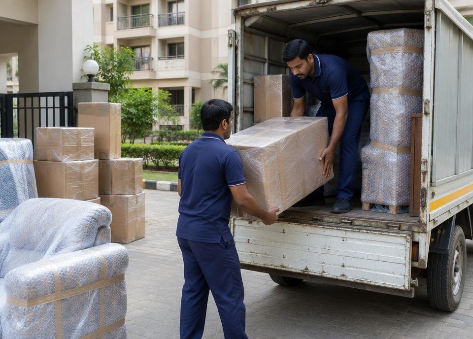 Packers and movers loading wrapped cartons into a truck outside an apartment society