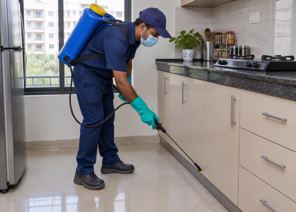 Pest control technician treating kitchen skirting with a sprayer