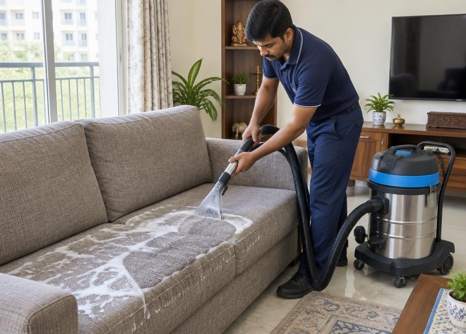 Professional shampooing a fabric sofa with an extraction machine